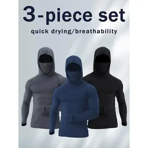 [Quick Dry Hoodies] 3 Men's Quick Drying Breathable Hoodies With Masks |       Long Sleeved T-shirt - Spring And Autumn Compression Sports Top - Enhance Your Workout Performance, It's A Gift