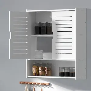 Modern Wall Mounted Bathroom Cabinet with Louvered Doors, Open Storage Shelves, 3 Layer Organizer for Bathrooms, Kitchen, Living Room