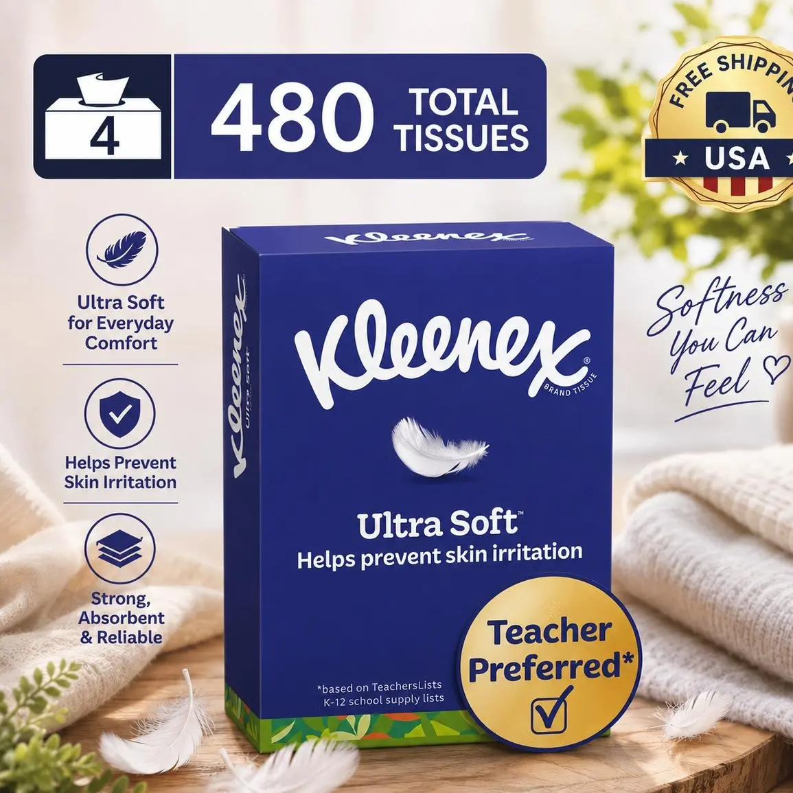 Kleenex Ultra Soft 3-Ply Flat Box Facial Tissues, 4 Pack (480 Total Tissues)