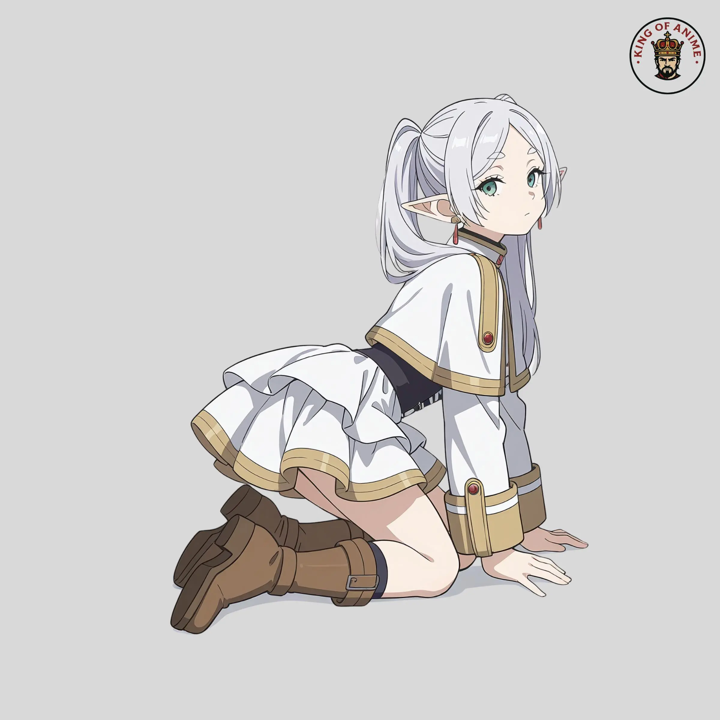 Frieren Waifu Fantasy Sticker, Elf Girl in White Magic Outfit, Seductive Kneeling Pose Vinyl for Laptop and Car Decor