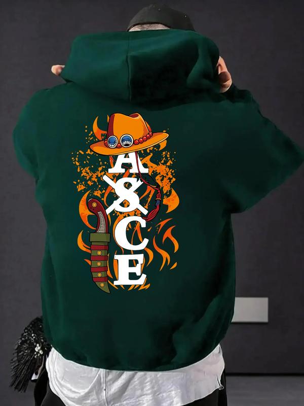 One Piece Anime Graphic Oversized Streetwear Hoodie for Men, Comfortable Casual Pullover with Flame Print for Otaku & Street Fashion Enthusiasts