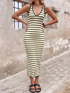 Woman's Black Yellow Striped V-neck Sleeveless Bodycon Midi Dress Breathable Stretchy Skin-friendly All-Body-Fit Vintage Retro Casual Spring Summer Vacation Date Outing Street Photogenic American Style Daily Wear Dress