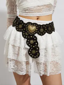 Women's Vintage Heart-Shaped Waist Belt, Bohemian Patchwork Alloy Decorative Buckle Hole Design, Perfect for Dresses & Jeans, Studded Belt Buckle
