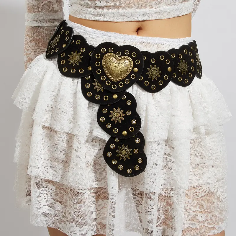 Women's Vintage Heart-Shaped Waist Belt, Bohemian Patchwork Alloy Decorative Buckle Hole Design, Boho Style Belt, Perfect for Dresses & Jeans, Studded Belt Buckle, Vintage Waist Accessory, Casual Style Belts