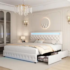 Queen Size LED Bed Frame With 4 Storage Drawers, Upholstered Platform Bed With Smart RGBW Lights In Headboard And Footboard, Adjustable Headboard, Strong Slats Support, No Box Spring Needed, Noise Free, Grey/Black