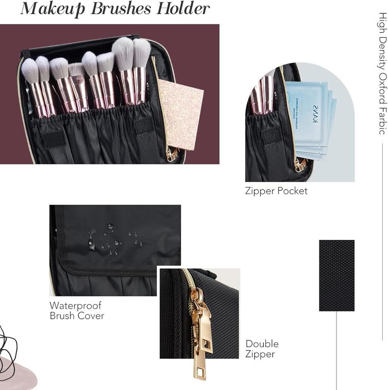 DameDiva Travel Makeup Bag - Premium Oxford Fabric Cosmetic Organizer with Dual Gold Zippers, Adjustable EVA Dividers, Black & Pink, Waterproof & Lightweight