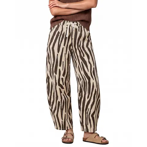 GRAPENT Women's High Waisted Stretch Denim Zebra Print Jeans - Casual Fashion Bottoms, Pull-On Curved Leg Cropped Pants, Drawstring Tie Elastic Waist, 27'' Inseam, Loose Fit for Weekend Casual