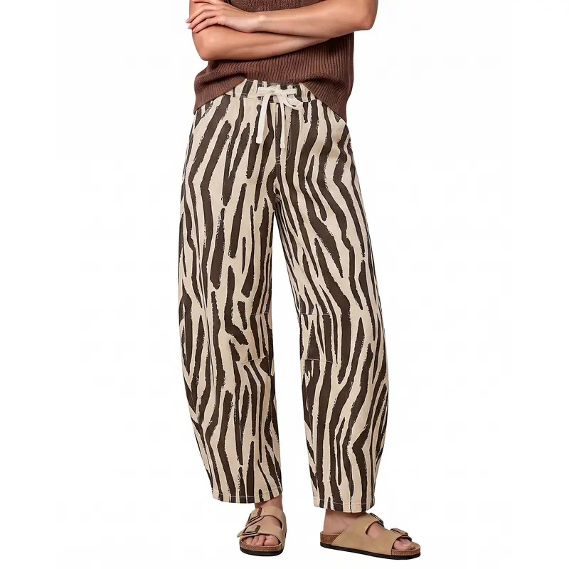 GRAPENT Women's High Waisted Stretch Denim Zebra Print Jeans - Casual Fashion Bottoms, Pull-On Curved Leg Cropped Pants, Drawstring Tie Elastic Waist, 27'' Inseam, Loose Fit for Weekend Casual