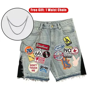 Men’s Streetwear Hip Hop Baggy Denim Shorts, Vintage Embroidered Patchwork Jean Shorts with Chain,Y2K Vintage Embroidered Patch Jean Shorts with Chain, High Street Loose Fit Frayed Hem Casual Summer Shorts