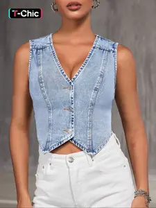 Women's Summer V-Neck Slim-Fit Denim Vest, Casual Fashion Blue Washed Light Wash Sleeveless Waistcoat, Trendy Irregular Hem Design Womenswear Lady Vneck