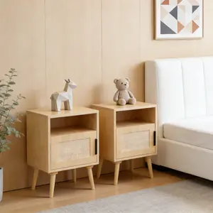 Rattan Nightstand with Storage Door & Shelf – 22.8'' Small Side Table, Boho Bedroom Decor, Farmhouse End Table with Solid Wood Legs, Accent Nightstand for Small Spaces, Dorm Room Furniture, Oak