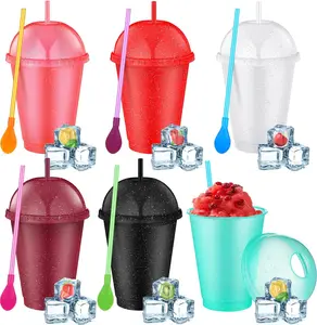 6 Set Slushie Cups with Dome Lids and Straws Detachable Spoon Straws  Plastic Iced Coffee Cups Smoothie Tumbler for Birthdays Summer Party Supplies(Multi Color,16 oz)