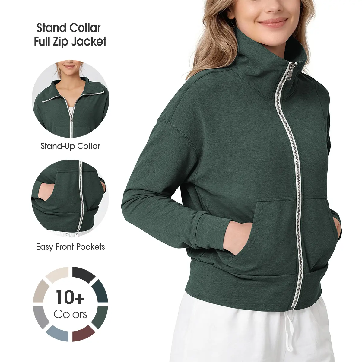 ODODOS Women's Stand Collar Full Zip Breathable Soft Jersey Polyester Athletic Coat - odSTRATUM Tech Silky Outerwear with Pockets, UPF 50+ Casual Fit for Joggers, Loungewear
