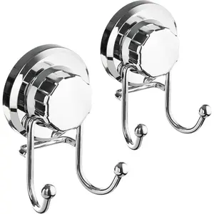 Suction Cup Hooks for Shower Wall, Removable Towel Hooks for bathrooms, Includes Optional No Drill Adhesive Mount for Inside Shower, Rustproof Stainless Steel - 2 Pack, Chrome