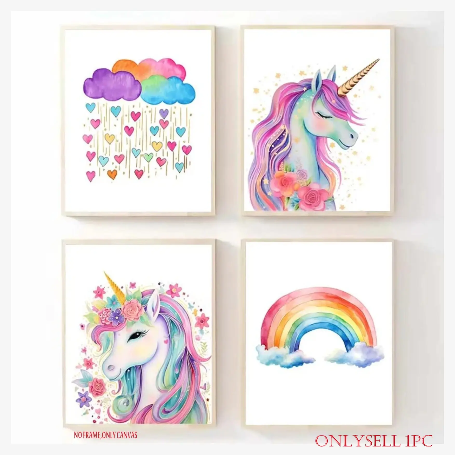 1 pc Pink Cute Cartoon Unicorn Rainbow Art Poster for Girls' Nursery or Bedroom – Canvas Print, Artistic Wall Decor, Children's Room Home Decor, 2D Frameless