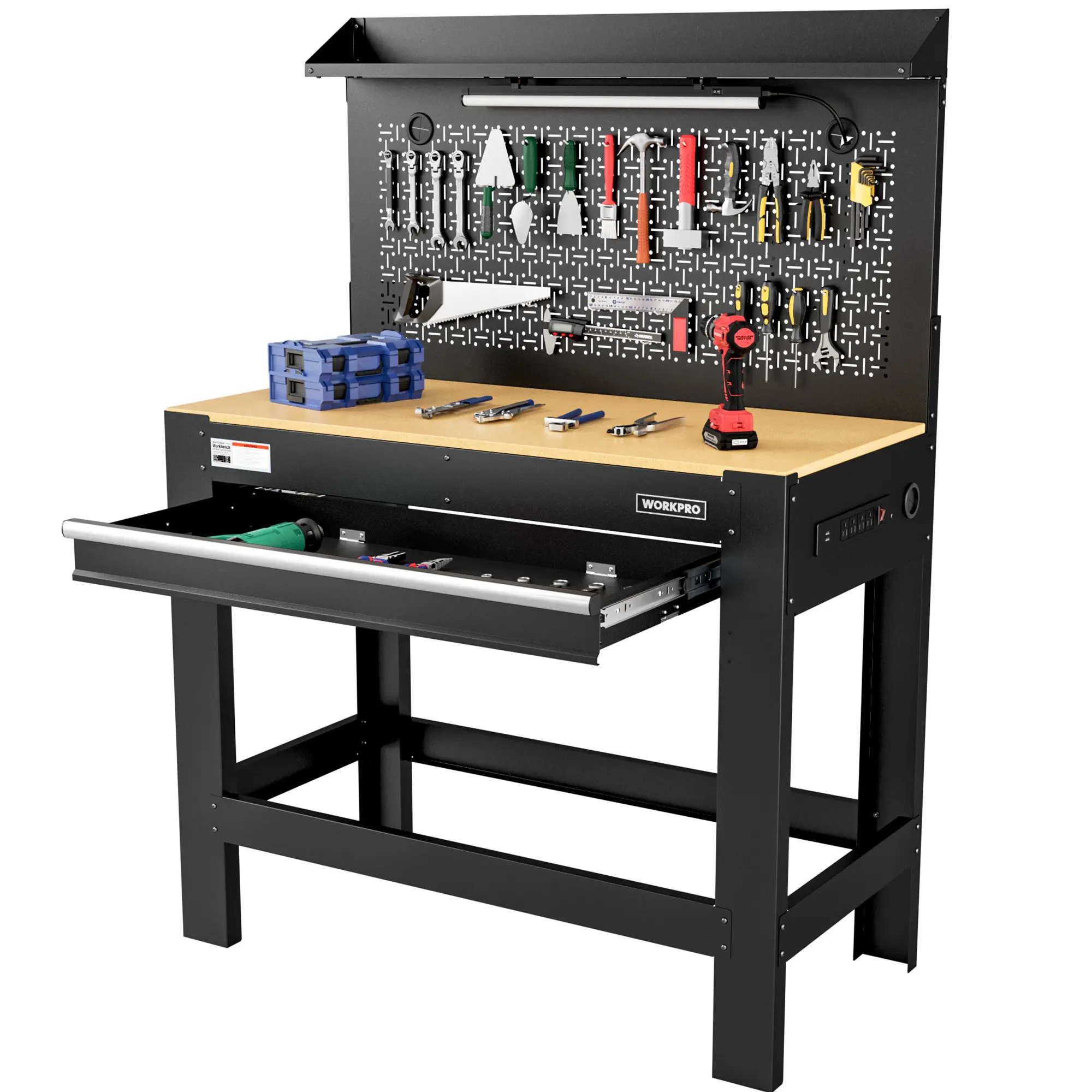 #backtoschool WORKPRO Garage Workbench with Storage, 45" Workbench with Pegboard, Power Outlets and Light, 800 LBS Multipurpose Work Bench for Garage, Warehouse, Workshop