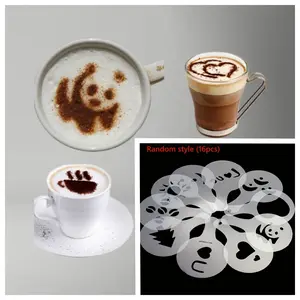 16-Piece Plastic Coffee Decorating Set: Printed Coffee Design Templates, Thickened Coffee and Milk Foam Spraying Templates, Coffee Decorating Templates, Chocolate Sprinkler, Cocoa Powder Sifter, 16 Coffee Decorating Templates, Coffee Painting Templates