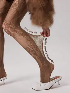New Sexy Coffee Rose Hollow Fishnet Stockings for Women, High Elasticity Lace Pantyhose, Perfect for Parties, Office & Casual Wear