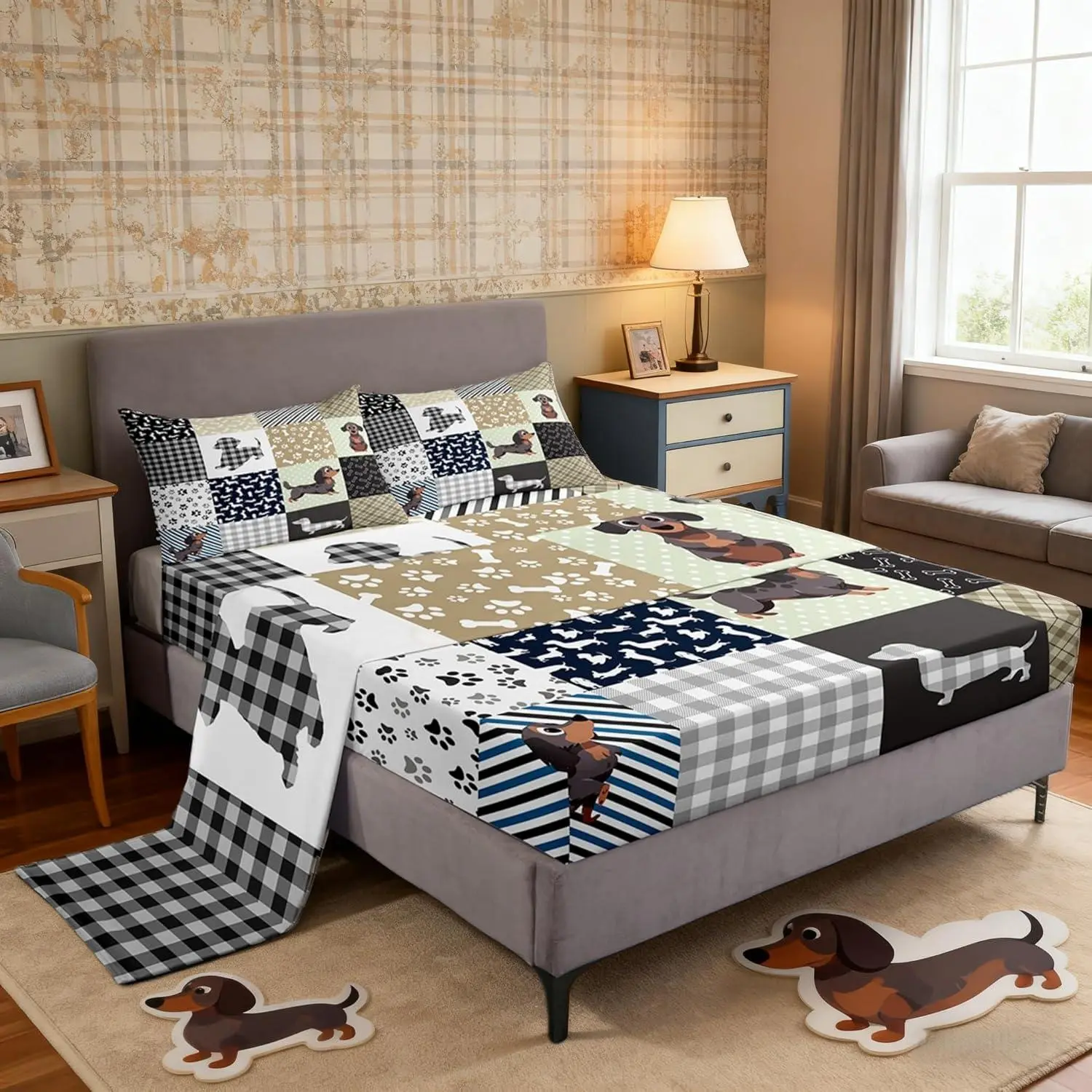 Feelyou Dachshund Prints Bedding Set,Retro Grid Style,Rustic Watercolor Stripes,Cartoon Dog Paw Prints,Deep Pockets,Flat & Fitted Sheets,Colors Stay Bright for Rooms,Cartoon Print Bedding Sets Collections
