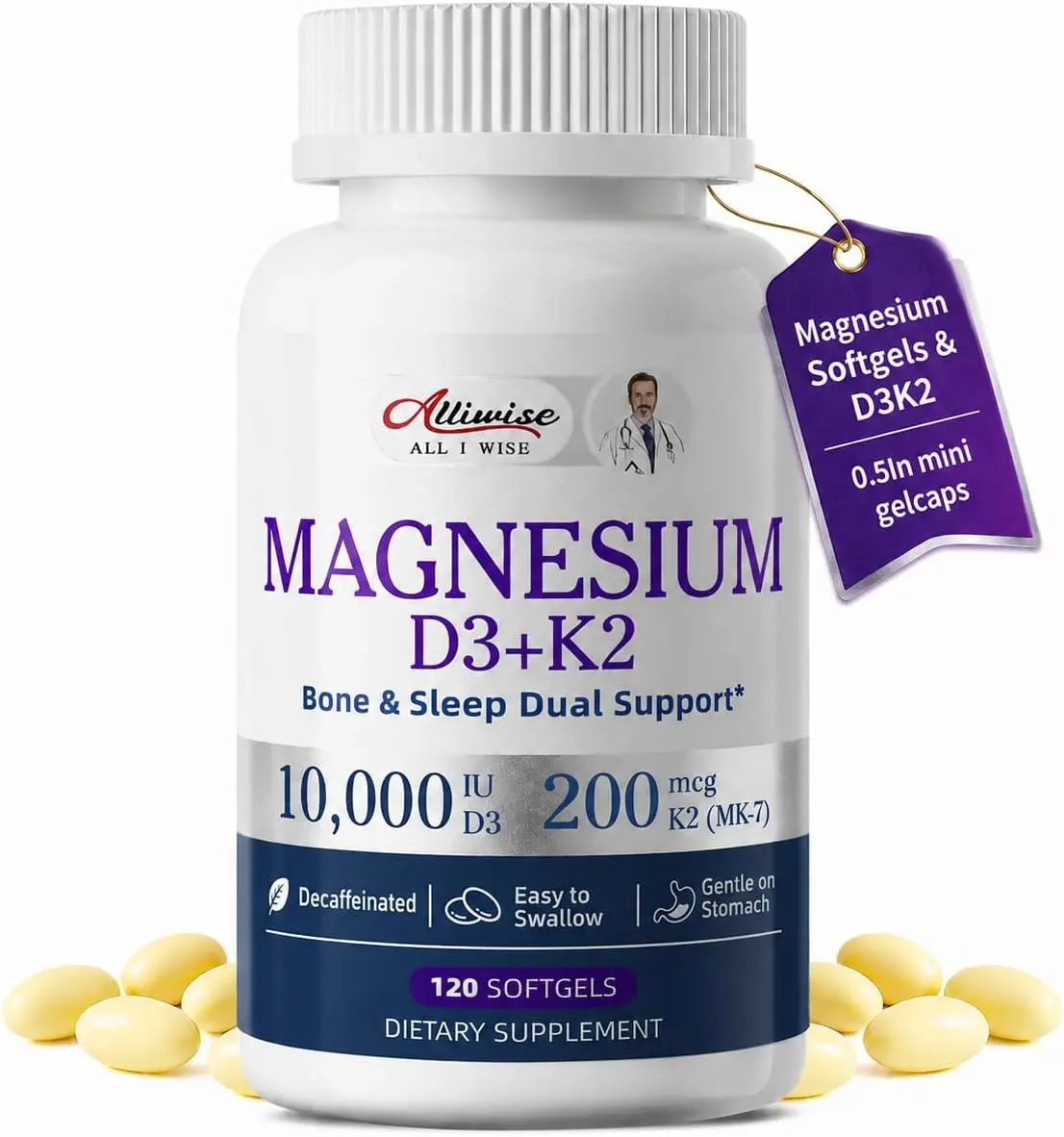 Magnesium Glycinate Softgels with D3 K2 Vitamin 10000 iu, 120 Gelcaps | Magnesium Glycinate Complex Small Pills, Easy to Swallow Support Daily Calcium, Sleep, Immune Health for Women/men 400mg