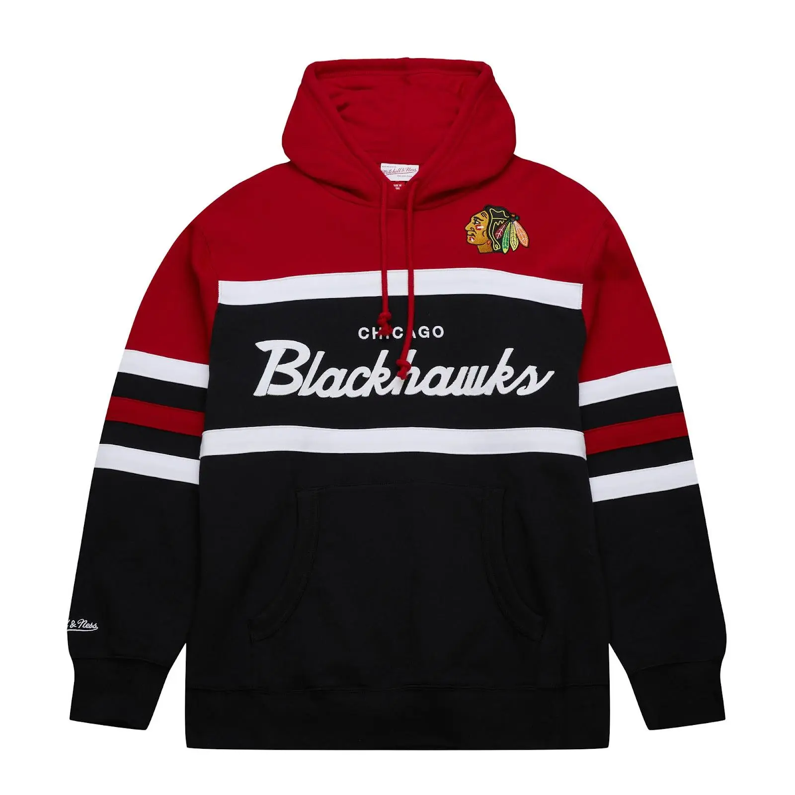 Chicago Blackhawks Black Head Coach Pullover Hoodie NHL Throwback Sweatshirt Fleece Vintage Fan Gear Mitchell & Ness