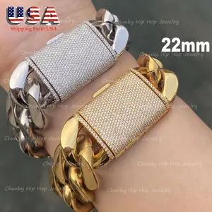 Stainless Steel Silver/Gold Hip Hop Bracelet Mens Womens Miami Cuban Link Chain Bangle Bracelet With ICEDOUT Bling Copper Clasps