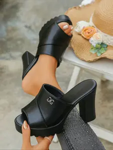 New Vintage Rhinestone Decor Chunky Heel Sandals Open Toe Slippers Korean Street Elegant High Heel Slip-Ons