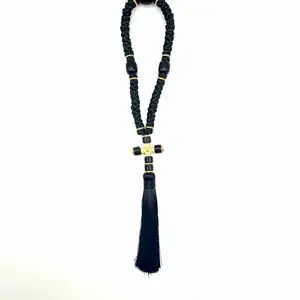 Black Bead Christian Komboskini Knotted Prayer Rope with Gold Accents and Tassel for Spiritual Practices