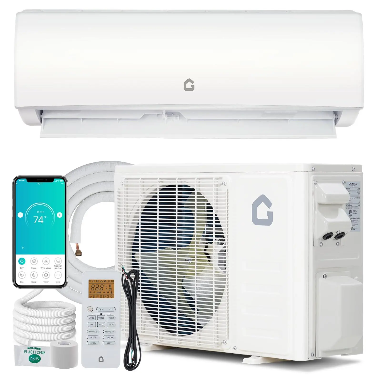 Garvee 11500 BTU Wifi Enabled Mini Split Air Conditioner & Heater, 17 SEER2 230V Inverter Ductless Wall AC Unit with Pre-Charged Condenser, Heat Pump & Installation Kit