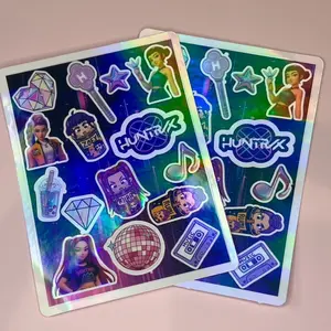 Holographic K Pop Sticker Sheet 2 Pieces with Colorful Designs and Characters for Fans