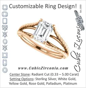 Cubic Zirconia Engagement Ring- The Manuela (Customizable Cathedral-set Radiant Cut Solitaire with Rope-Engraved Split-Band)