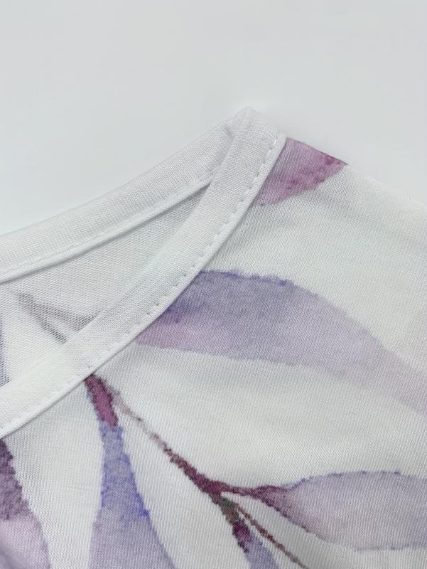 Watercolor Leaf Set Purple Tone Top with Contrast Color & Pink Wide Leg Pants Elegant Casual Two-Piece Set for Everyday Wear