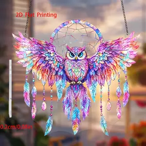 2D Flat, 2D plane Bohemian style owl dreamcatcher - Colorful painted glass light catcher, 7x8 inches, home and office decor spiritual art, for indoor and outdoor use, perfect Christmas gift, 2D Flat Hanging Ornaments Hangable Decoration