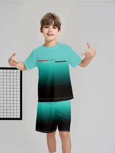 Blue-black gradient minimalist striped boys' two-piece children's set, short-sleeve shirt and Athletic shorts, 100% polyester casual loose-fit outfit, summer fun printed pattern, outdoor sports T-shirt set, Top and Shorts, perfect gift for boys