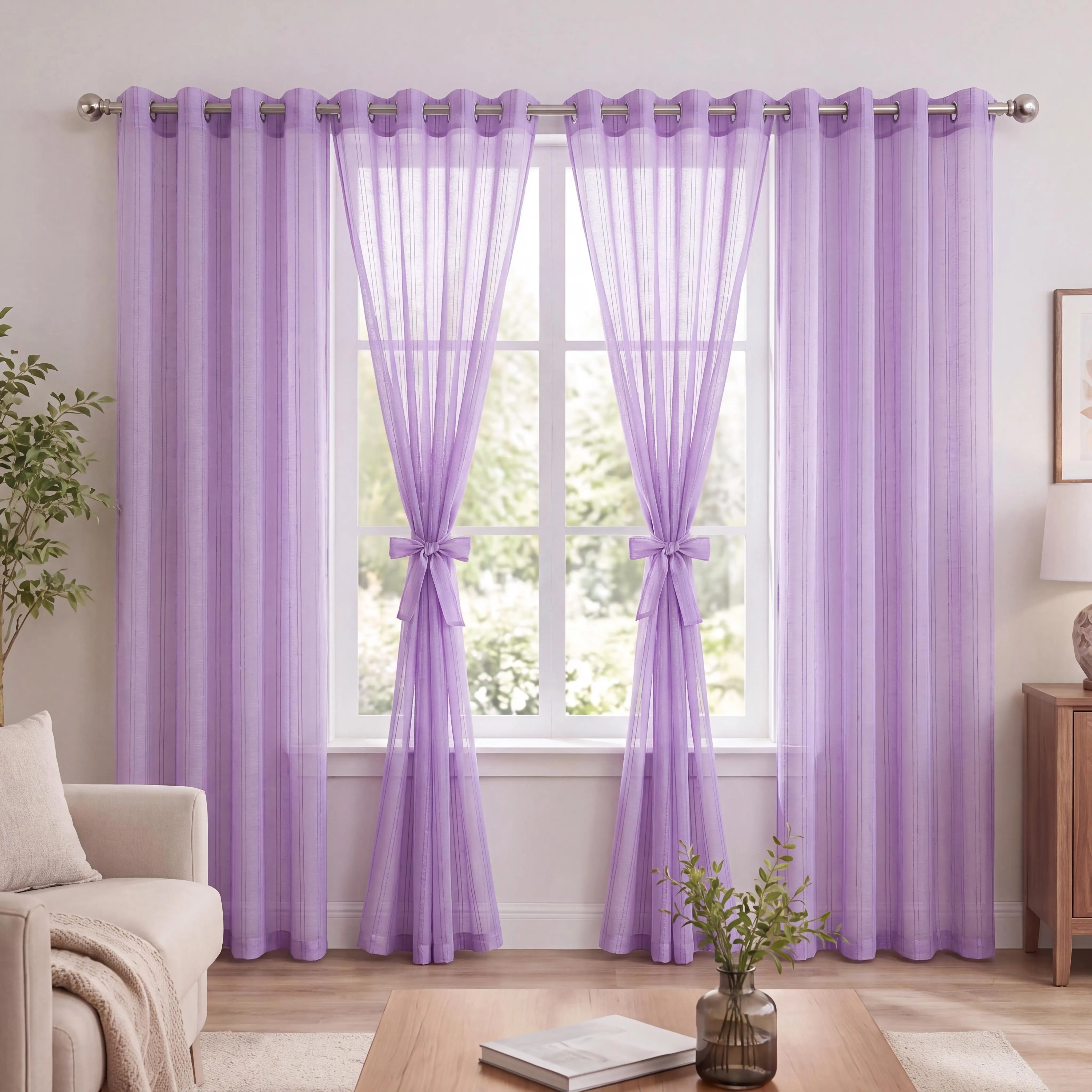 4 Pcs Grommet Top Bamboo Gauze 540D Lightweight Traditional Flat Weave Solid Color Net Curtain Window Drapes - 52x90 In, Dustproof, Polyester-Fit, Soft Stripe Look, Delicate Hollow-Out Stripes, Home Decor for Living Room, Bedroom, Grommet Curtains FT6667