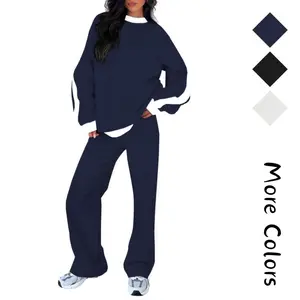 Women's 2 Piece Outfit Fleece Sweatsuit Casual Lounge Matching Sets Crewneck Loose Fit Cozy Sweatshirt & Straight Leg Sweatpants Color Blocking Chic Two-piece Set