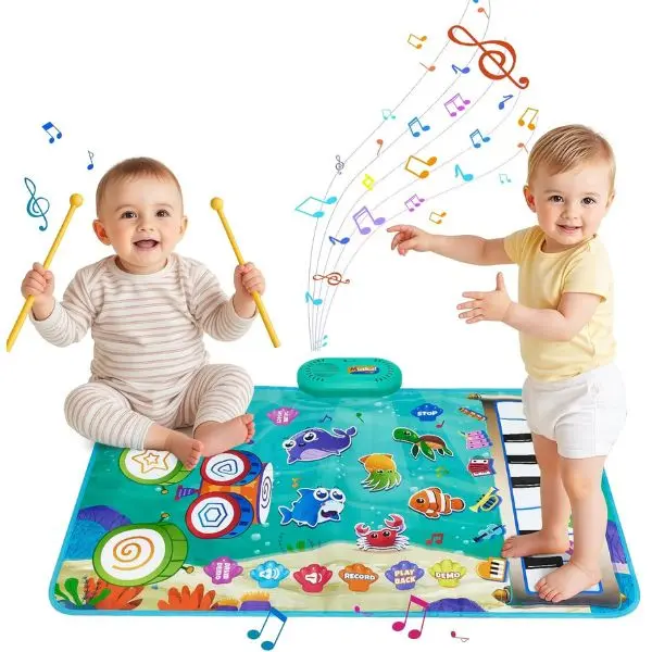 Baby Musical Play Mat – 3‑in‑1 Montessori Sensory Activity Floor Piano & Drum Mat for Infants & Toddlers – Early Educational Baby Toys Gift, Crawling Play Blanket, Baby Development Playmat