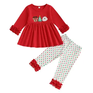 Toddler Baby Girl Christmas Outfit Ruffles Long Sleece Reindeer Tree Santa Tunic Shirt Tops Polka Dots Print Legging Pants Fall Clothes