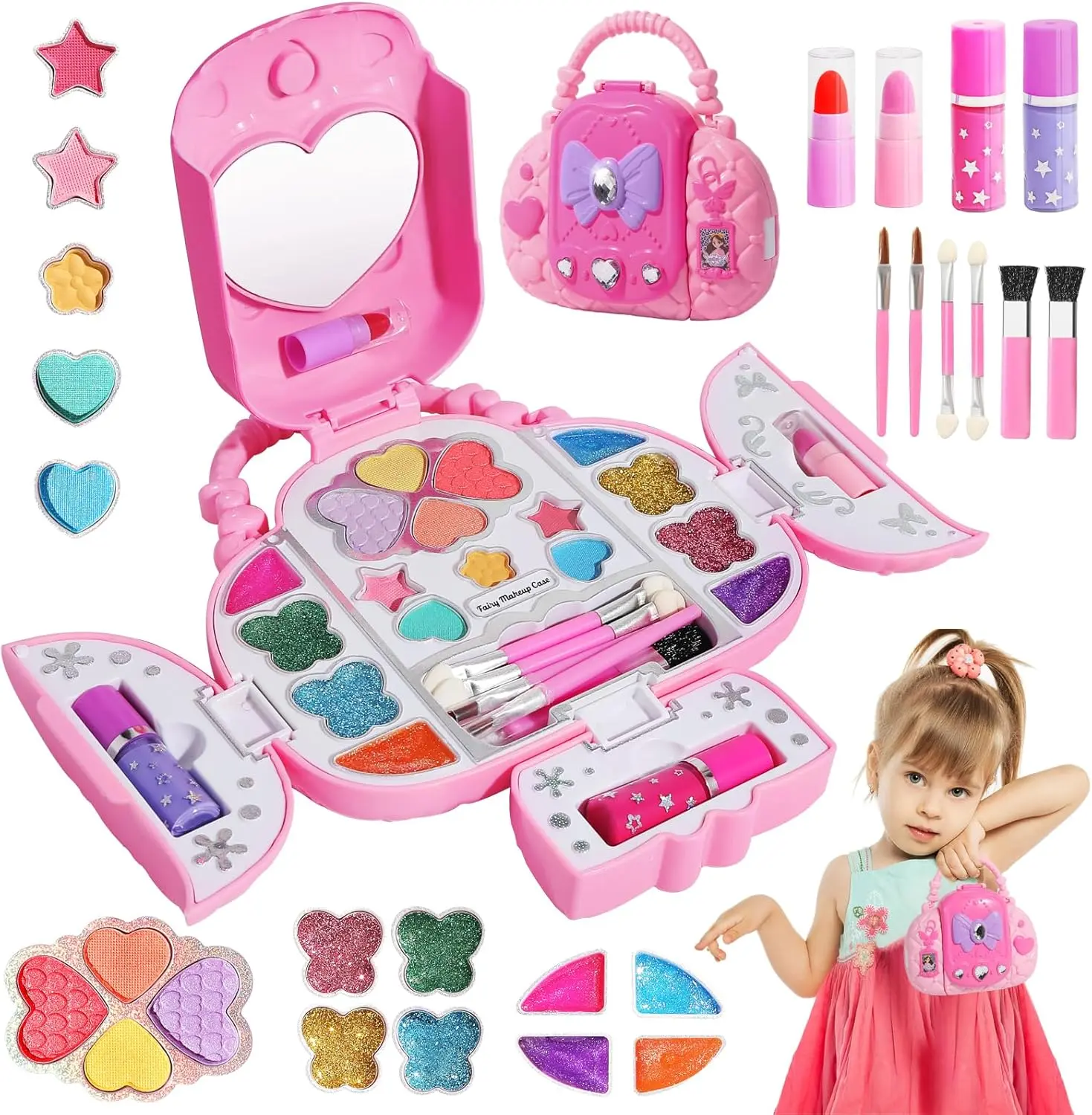 Summer Spring Gift Kids Makeup Kit With Mirror - Real Washable Makeup Set for Girls 5-8, Princess Toys Cosmetic Set, Christmas & Birthday Gifts for 3-8 Year Old Girls