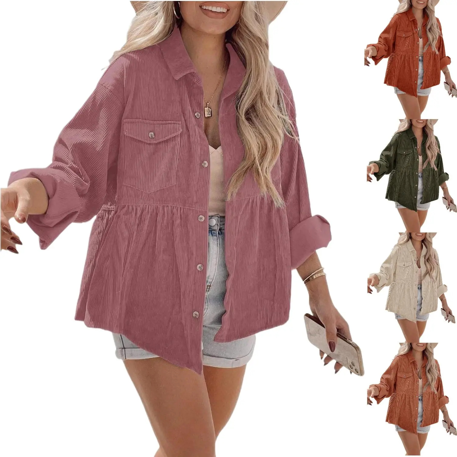 Lannew Womens Corduroy Peplum Shacket Jacket Long Sleeve Button Down Babydoll Shirts Oversized Casual Blouses Tops