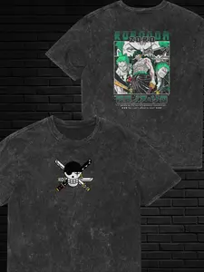 Roronoa Zoro T-shirt, One Piece Swordsman Washed Pattern T-shirt, Men's and Women's Summer Casual Sports Loose and Comfortable Round Neck Short Sleeved Top