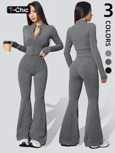 Women's Ribbed Yoga Set, Sportswear Set with Long Sleeve Zip Jacket and High Waist Wide Leg Pants, All Season Athletic Fashion Activewear for Fitness and Leisure, Gym Outfits, Sport Casual Outfit