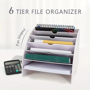 White Fan-Shaped Desk File Organizer with 6-Tier Color-Coded-like Sections (No Color-Coded Tabs) - Foldable Plastic Manual File Sorter, Mail & Binder-Free Paper Organizer for Home Office, Classroom, Desktop (Easy Assembly)