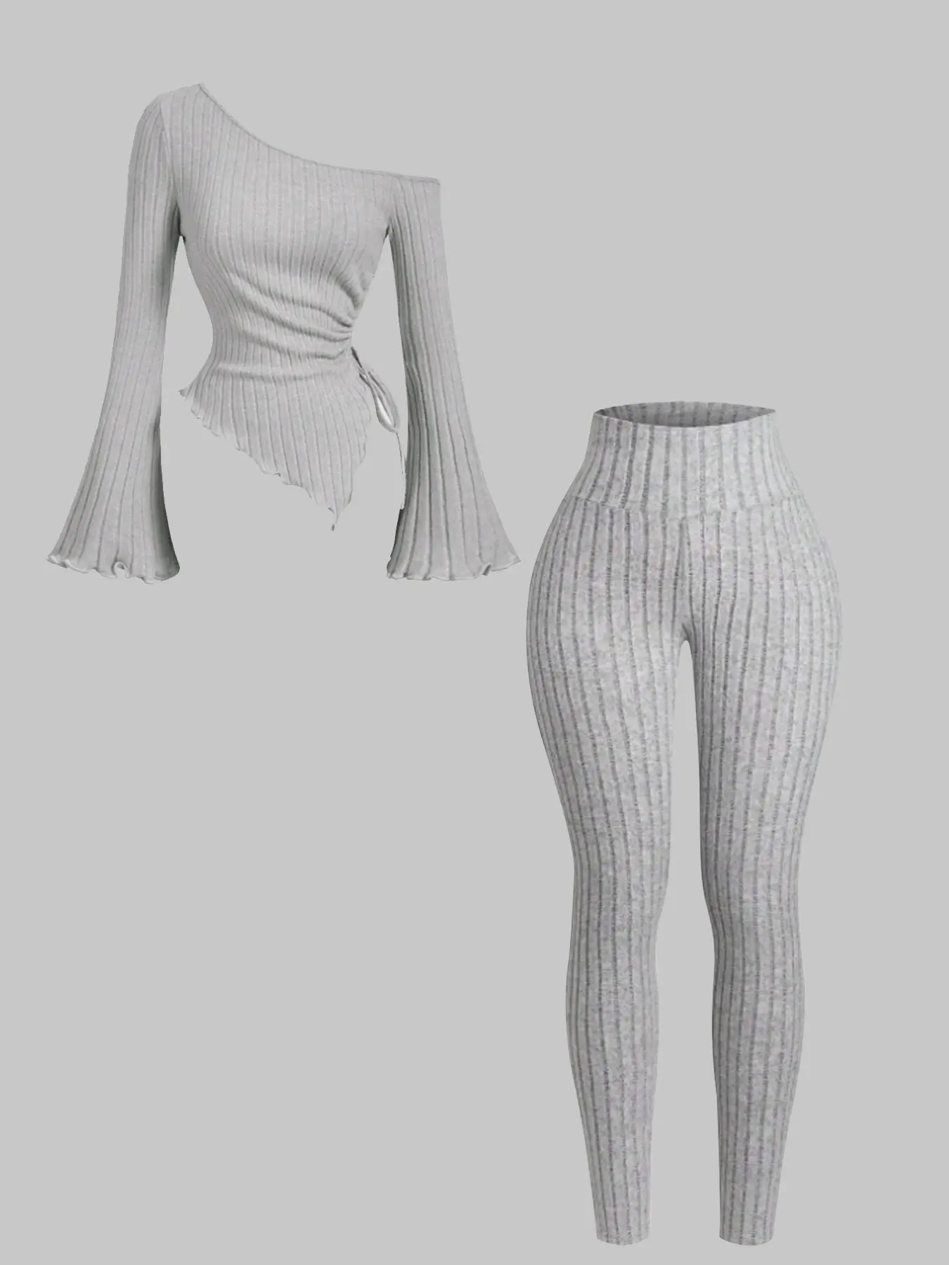 Two-Piece Set Women's Solid Ribbed Knit Long Sleeve Top & Flare Leg Pants Set, Casual Fashion Cozy Top & Bell Bottom Trousers for Daily Outdoor Wear, Ladies Summer Clothes, Suits, Fall outfit