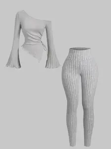 Two-Piece Set Women's Solid Ribbed Knit Long Sleeve Top & Wide Leg Pants Set, Casual Fashion Cozy Fitted Top & Trousers for Daily Outdoor Wear, Ladies Clothes for All Seasons, Suits, Fall outfit