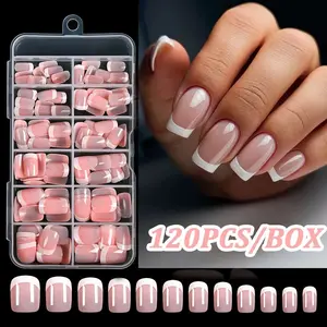 Pink French Square Press On Nails - 120pcs, Glossy, Full Cover False Nails