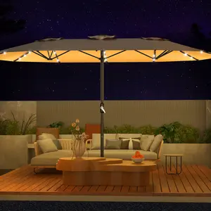 15FT Extra-Large Double-Sided Patio Umbrella with Base and Solar LED Lights, Rectangular Outdoor Market Umbrella with Crank, Heavy Duty Waterproof Sunshade, Beige/Navy
