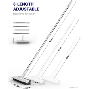 Floor Scrub Brush with Long Handle, 3 in 1 Scrape and Heavy-Duty Stiff Bristle Floor Scrubber Brush with Squeegee and Tweezer for Cleaning Tile Wall Deck Bathroom Patio Garage Kitchen (White)