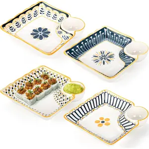 4 Pack Dumpling Plate with Dipping , 7.5" Ceramic  Sushi Platter, Colorful Square Serving Plate with Dish for  Kitchen, Snack Dessert Salad Fries Fruit Gyoza