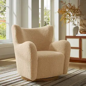 Montrose Wingback Sherpa Swivel Accent Chair in Ivory Walnut